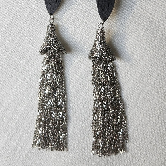 g by Gennaro Flower Dangle Earrings Black, Silver Tone Fringe Chain - Picture 7 of 8